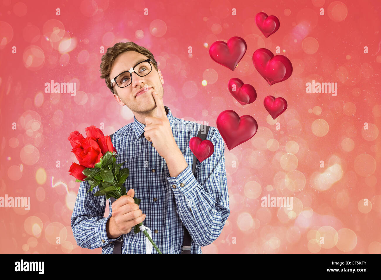 Composite image of geeky hipster holding a bunch of roses Stock Photo ...