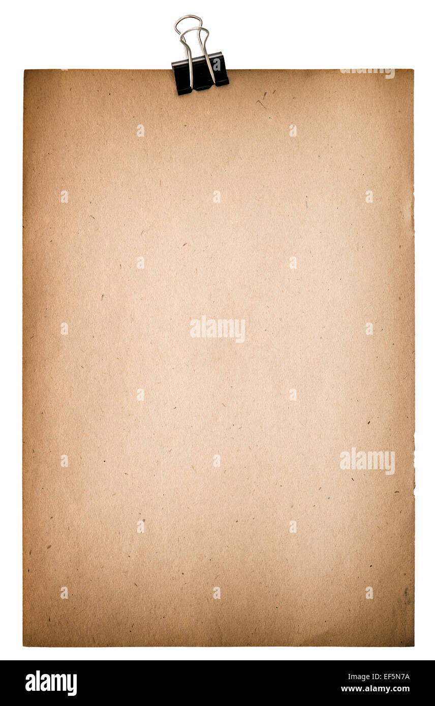 Old paper sheet with metal clip. Grungy textured cardboard isolated on white background Stock Photo
