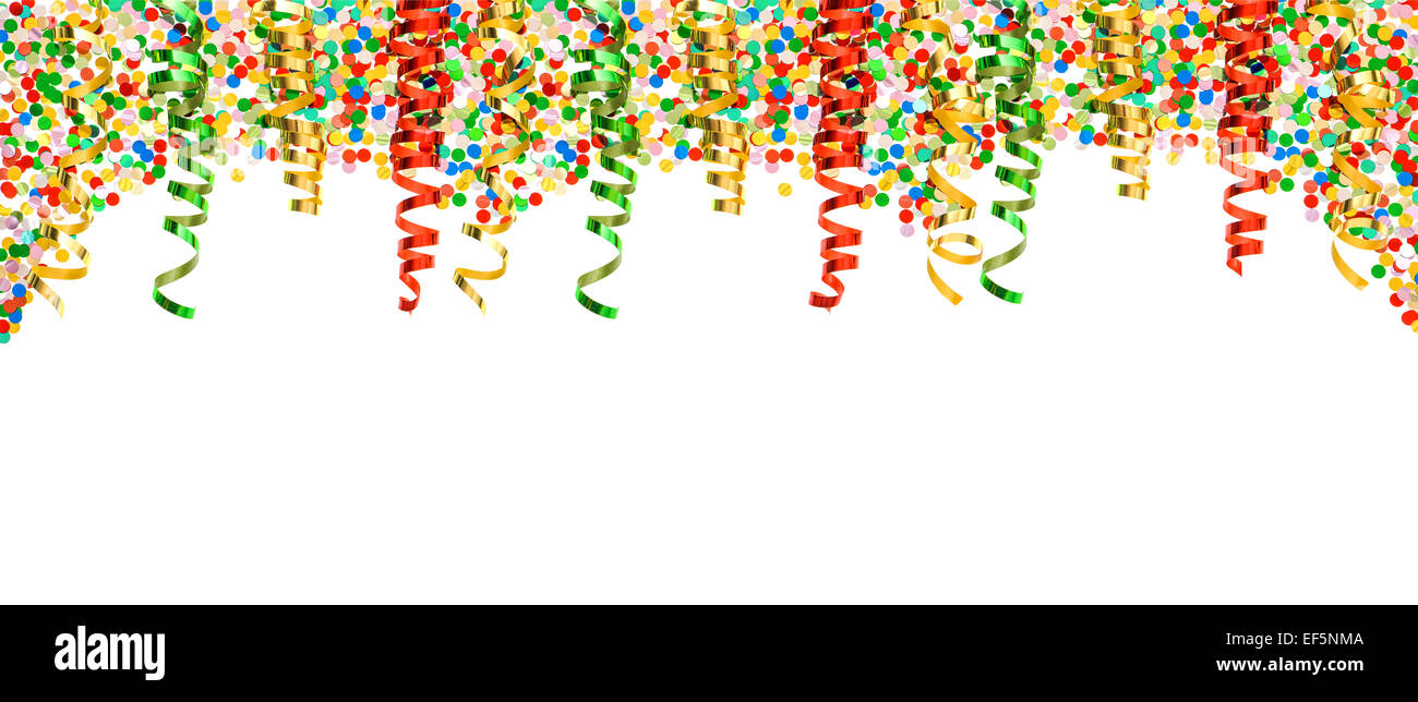 assorted confetti and shiny colorful streamer on white background. banner with party decoration Stock Photo