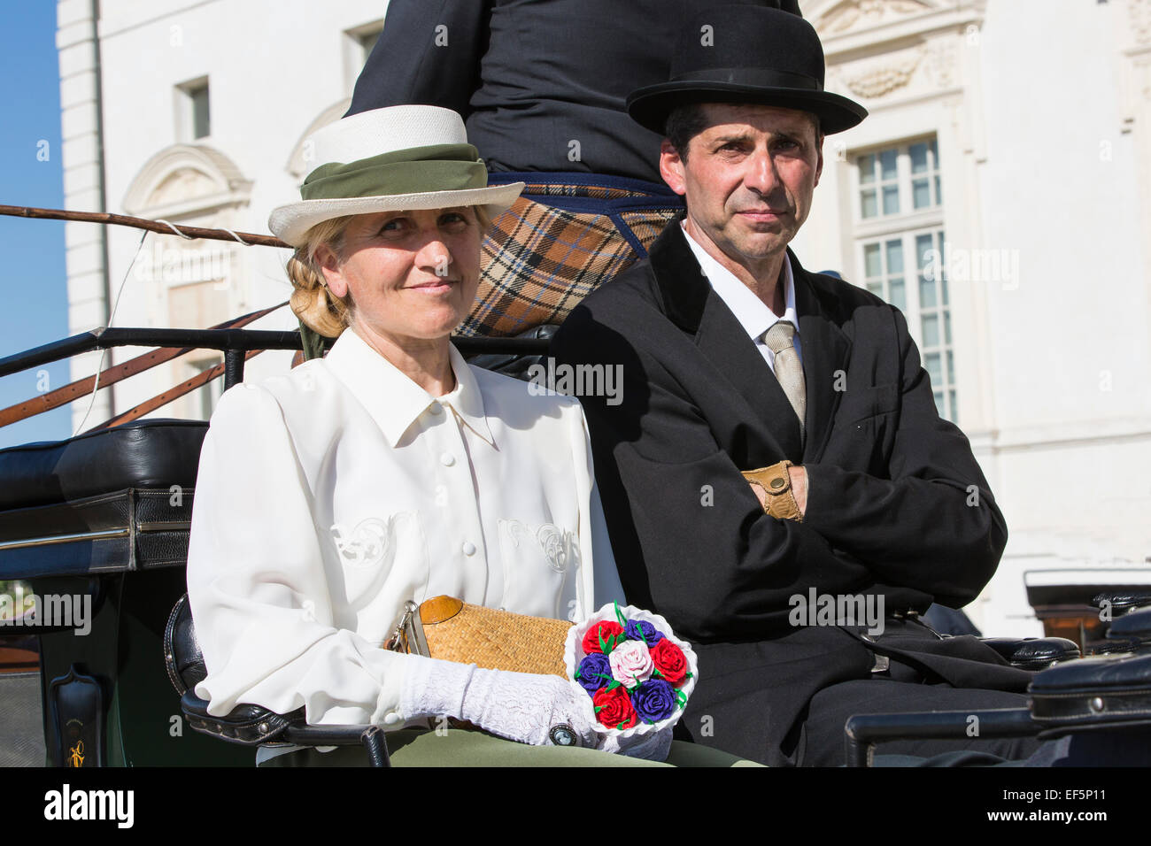 International competition for traditional carriages "La Venaria Reale",competitors wearing the dress code,Italy Stock Photo