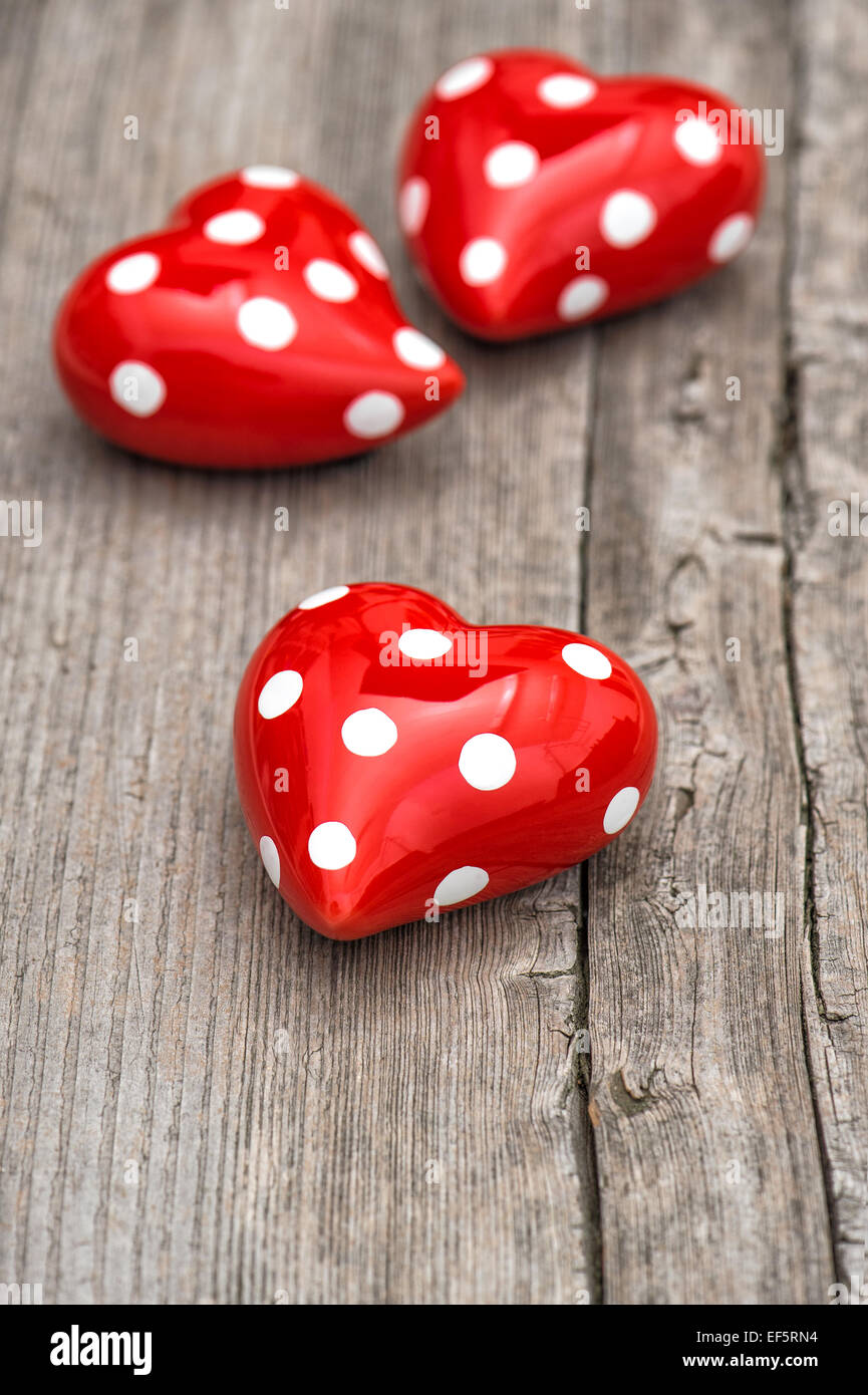 Red Hearts On Wooden Background. Valentines Day Concept Stock Photo