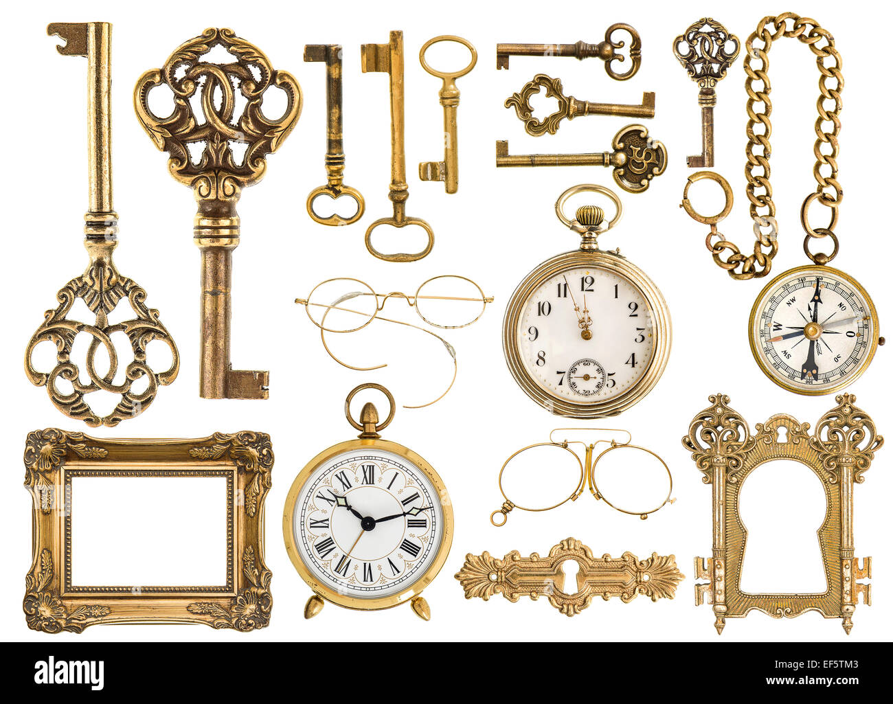 golden antique accessories. baroque frame, vintage keys, clock, compass, retro glasses, pocket watch isolated on white backgroun Stock Photo