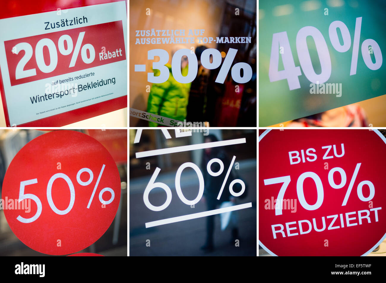 Hanover, Germany. 27th Jan, 2015. Sale prices can be seen in shop windows in Hanover, Germany, 27 January 2015. During winter sale, retailers try to lure customers with discounts on winter fashion. PHOTO: JULIAN STRATENSCHULTE/dpa/Alamy Live News Stock Photo
