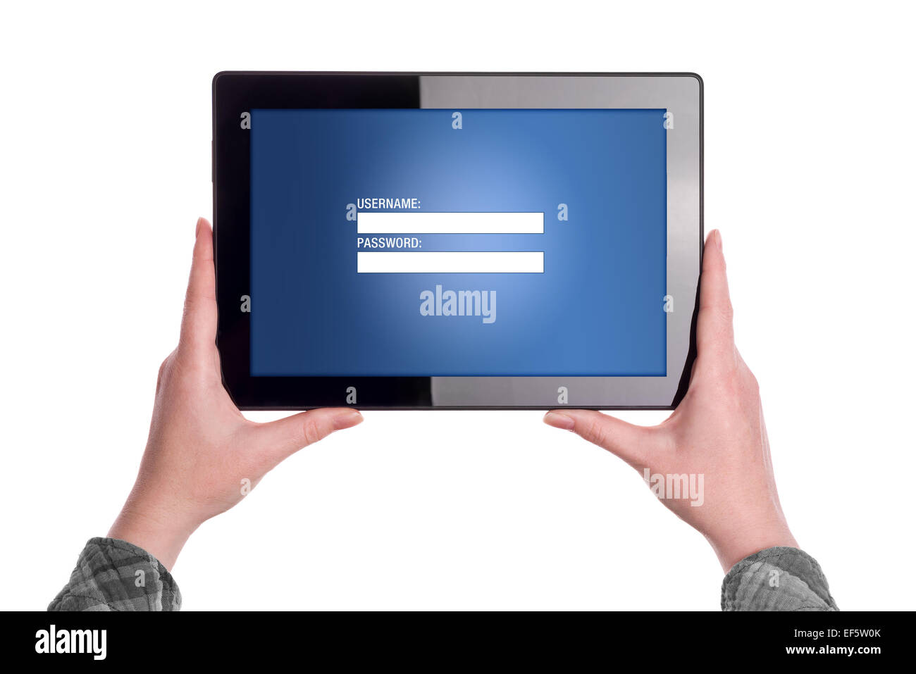 Hands holding Digital Tablet Computer with Login Web Page Form displayed Stock Photo