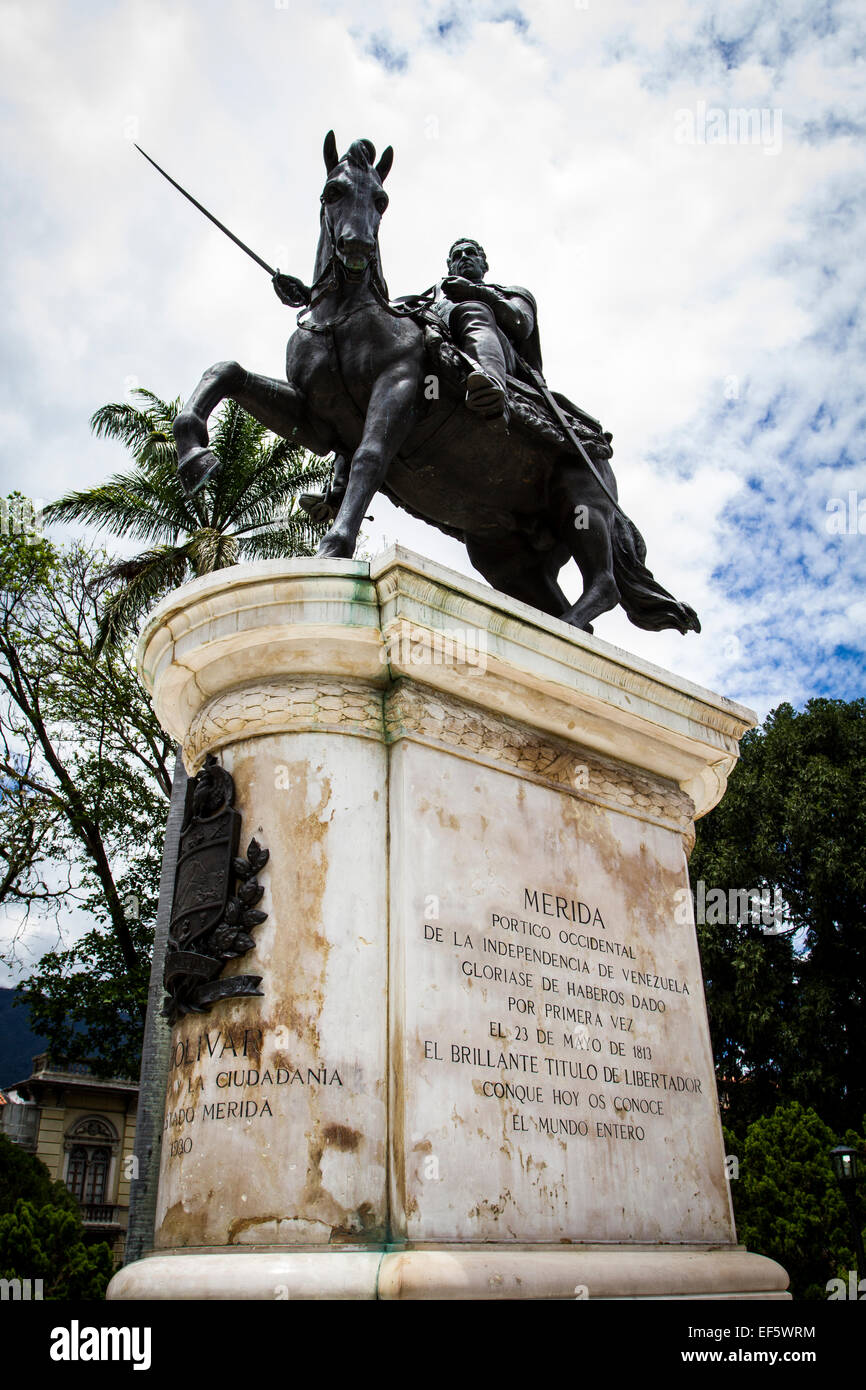 Equestrian statue of Simon Bolivar at Bolivar Square (Plaza Bolivar). Merida, Merida, Venezuela. Stock Photo