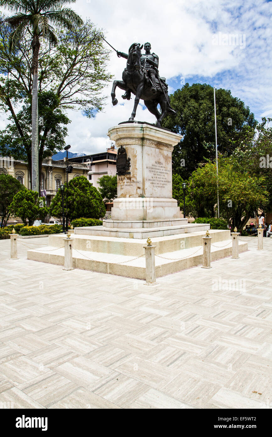 Equestrian statue of Simon Bolivar at Bolivar Square (Plaza Bolivar). Merida, Merida, Venezuela. Stock Photo