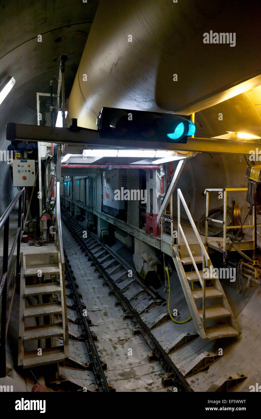 Copenhagen, Denmark, January 27, 2015: Backend of one of the 4 tunnel boring machines, which drill the 3 X 15, 5 KM long Metro Cityring extension in Copenhagen. The machine is 110 meter long, weighs 700 tons an drill some 10 – 20 meters/day in 20 – 40 meters depth Credit:  OJPHOTOS/Alamy Live News Stock Photo