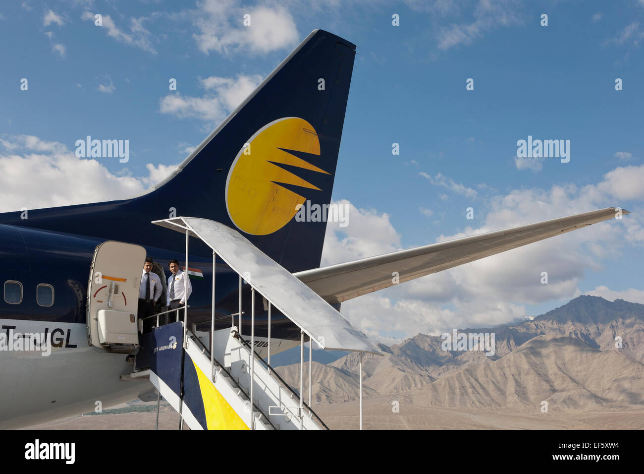 Leh, Ladakh, India. Jet Airways Boeing 737 airplane at Leh Airport Stock Photo