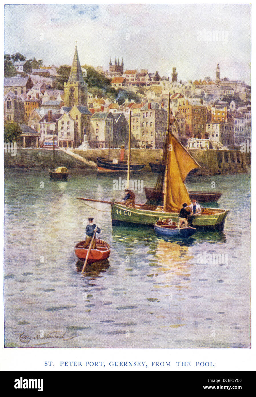 A coloured picture 'St. Peter Port, Guernsey, from the Pool' scanned at high resolution from a book published in 1920. Stock Photo