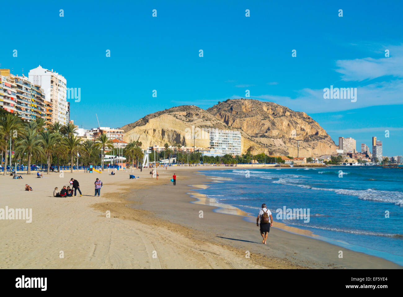 Alicante Postiguet beach and castle Santa Barbara in Spain Valencian ...