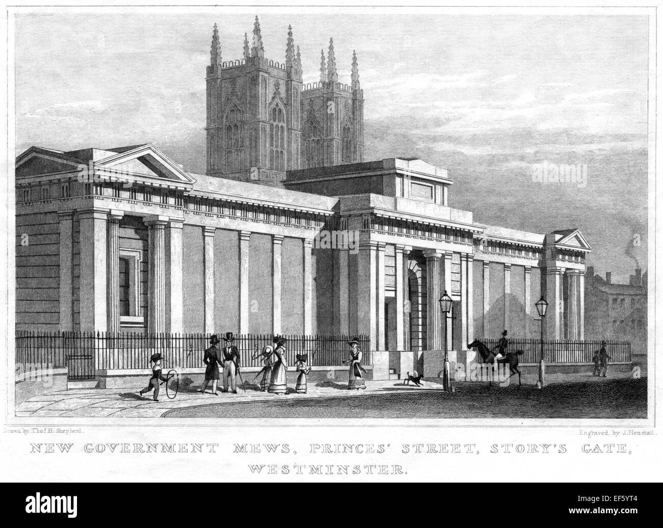 An engraving of New Government Mews, Princes Street, Storys Gate, Westminster scanned from a publication printed in 1828. Stock Photo