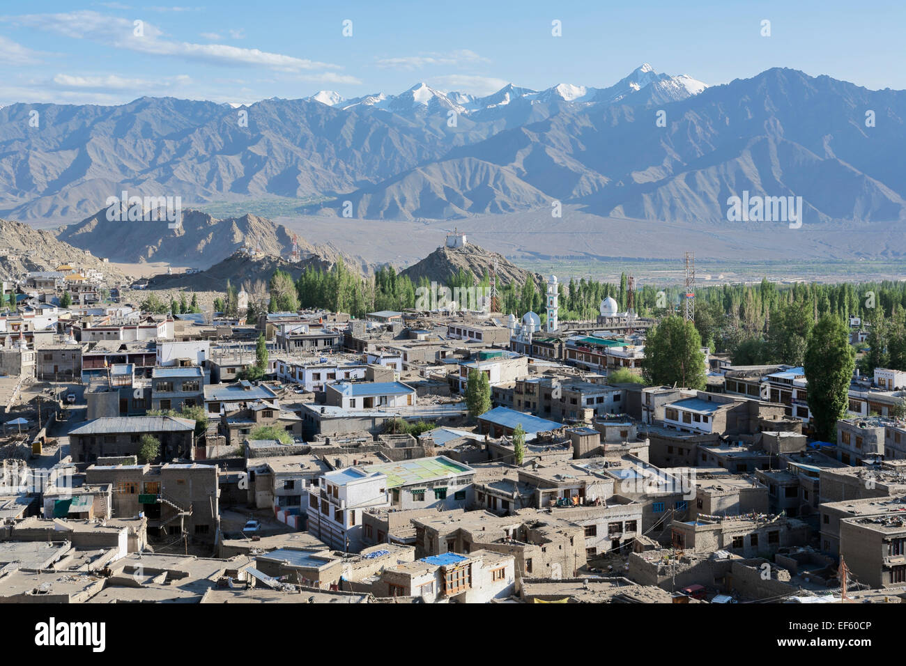 Leh, Ladakh, India. Elevated city view towards the hilltop Nezer Latho stupa Stock Photo