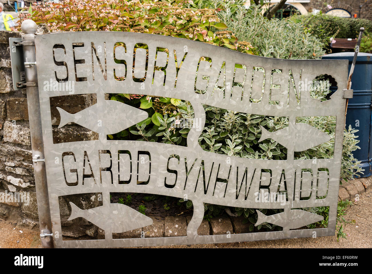 Sign on garden gate in Sensory Garden in Saundersfoot village Dyfed UK Stock Photo