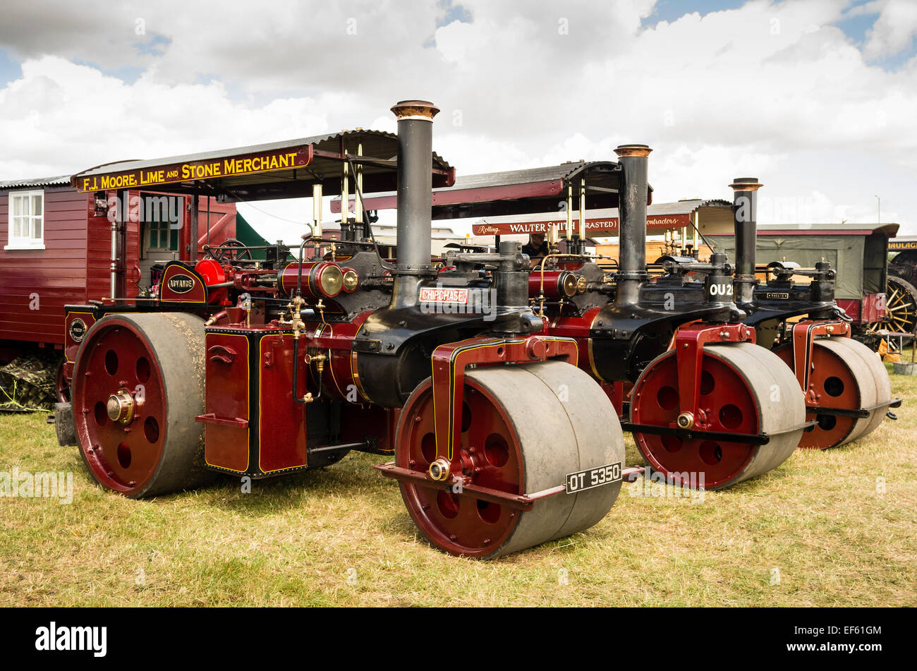 Lineup of historic road steam rollers at an English show Stock Photo