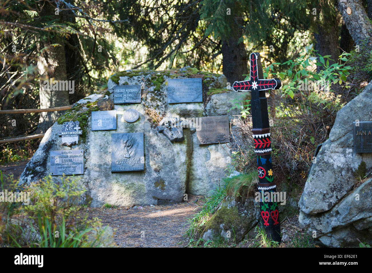 Memorials of individuals who have died in Tatra National Park, Strbske Pleso hiking trail, High Tatra Mountains, Slovakia Stock Photo