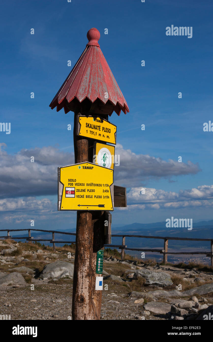 Signage atop High Tatra Mountains, Slovakia, Central Europe Stock Photo