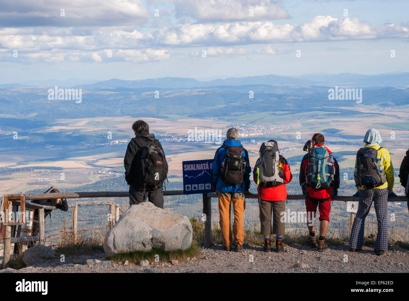Hikers ready to descend the 2.25 hour trail fron gondola station, High Tatra Mountains, Slovakia, Central Europe Stock Photo