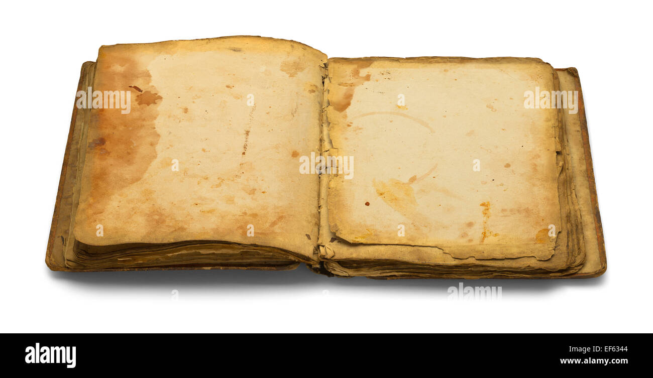 Open Blank Old Book Isolated on White Background. Stock Photo