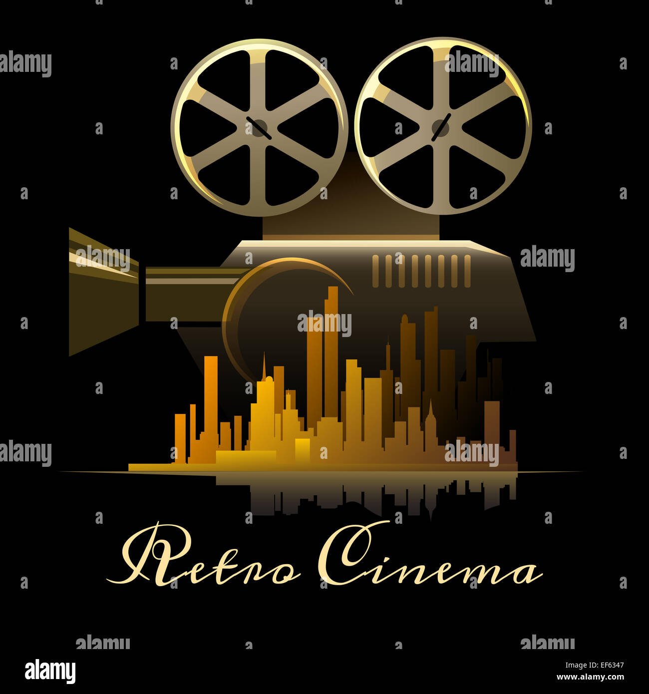 Movie camera against city silhouette drawn in classic poster style. Isolated on black background. Stock Photo