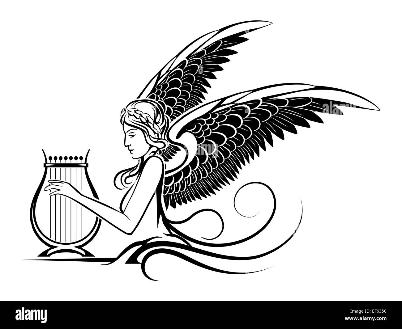 Illustration of ancient winged Muse playing on a harp. Isolated on white background. Stock Photo