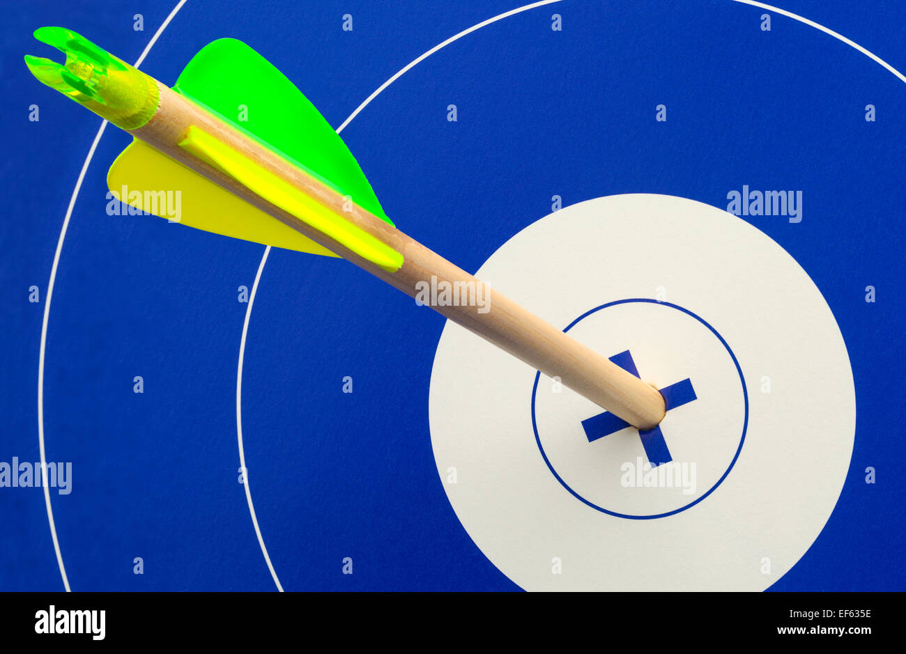Single Wood Arrow in Center of Blue and White Target. Stock Photo