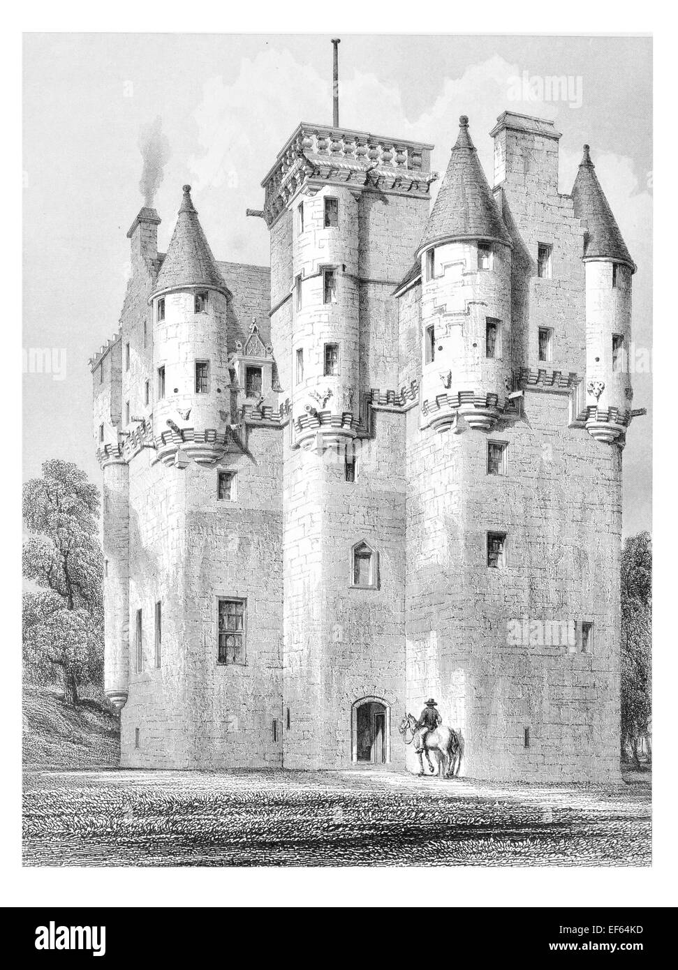 1852 Craigievar  harled Castle Alford, Aberdeenshire Grampian Mountains finely sculpted multiple turrets, gargoyles high corbell Stock Photo