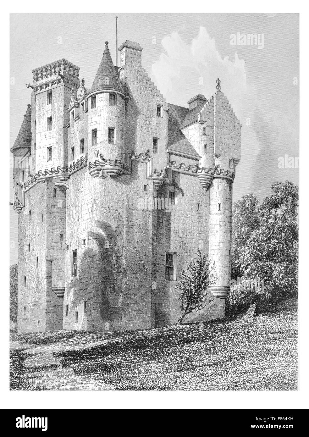 1852 Craigievar  harled Castle Alford, Aberdeenshire Grampian Mountains finely sculpted multiple turrets, gargoyles high corbell Stock Photo