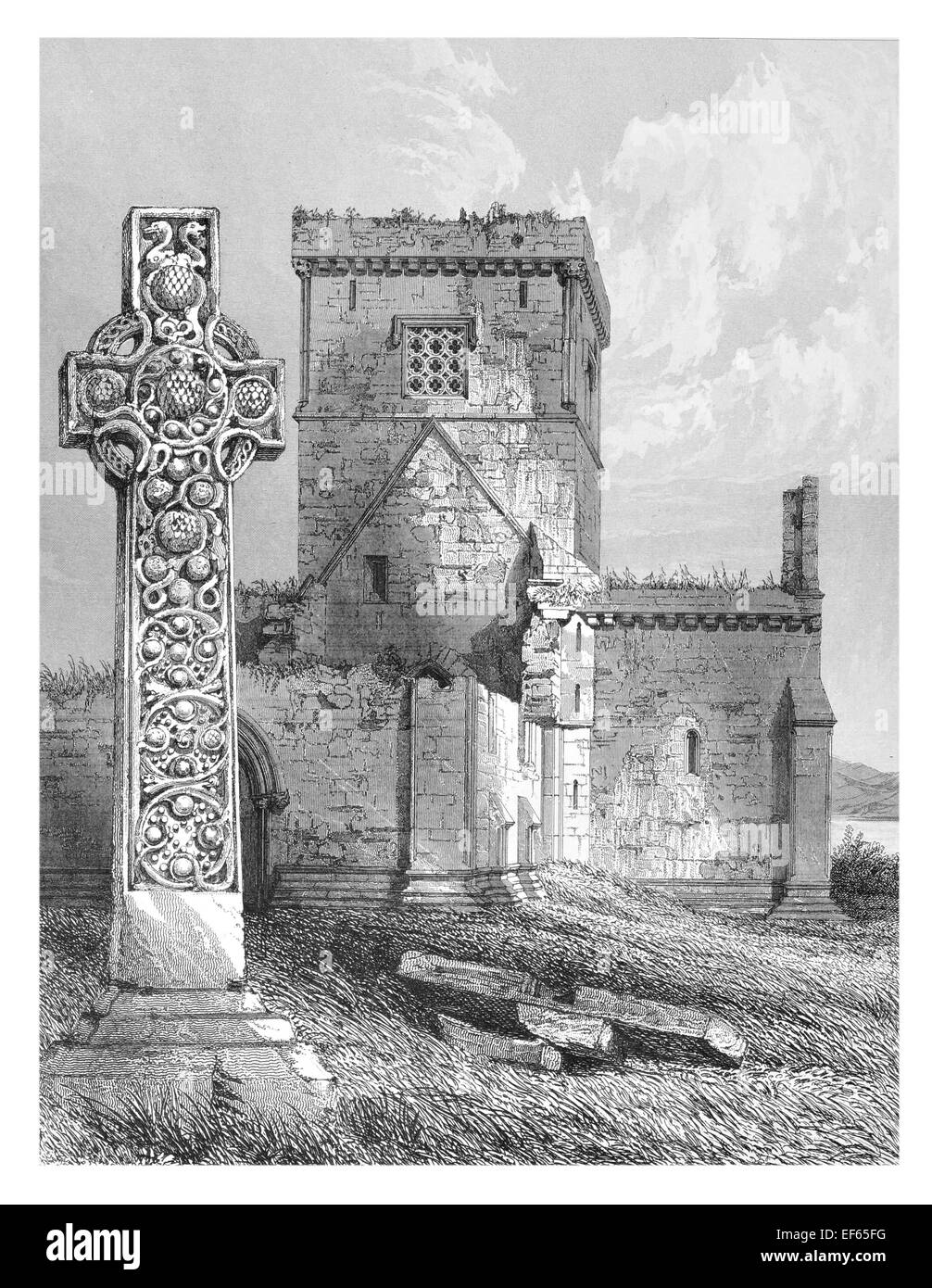 1852 St Martin's Cross Iona Abbey  ecumenical church Chaluim Chille Inner Hebrides Ross Mull  Gaelic monasticism Saint Columba Stock Photo