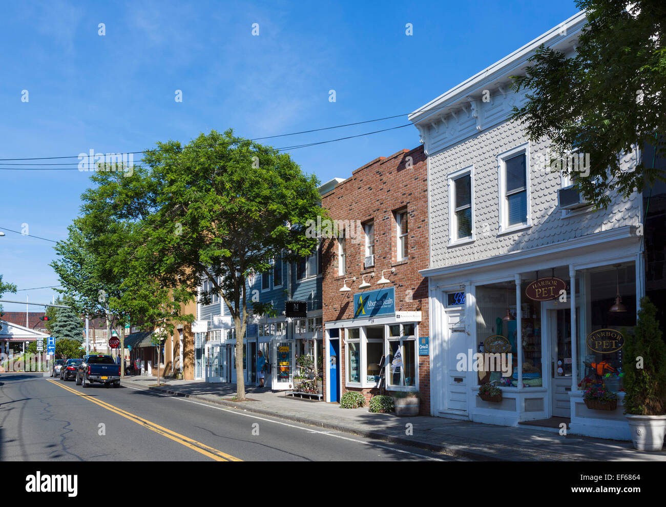 Front Street in the village of Greenport, Suffolk County, Long Island, NY, USA Stock Photo