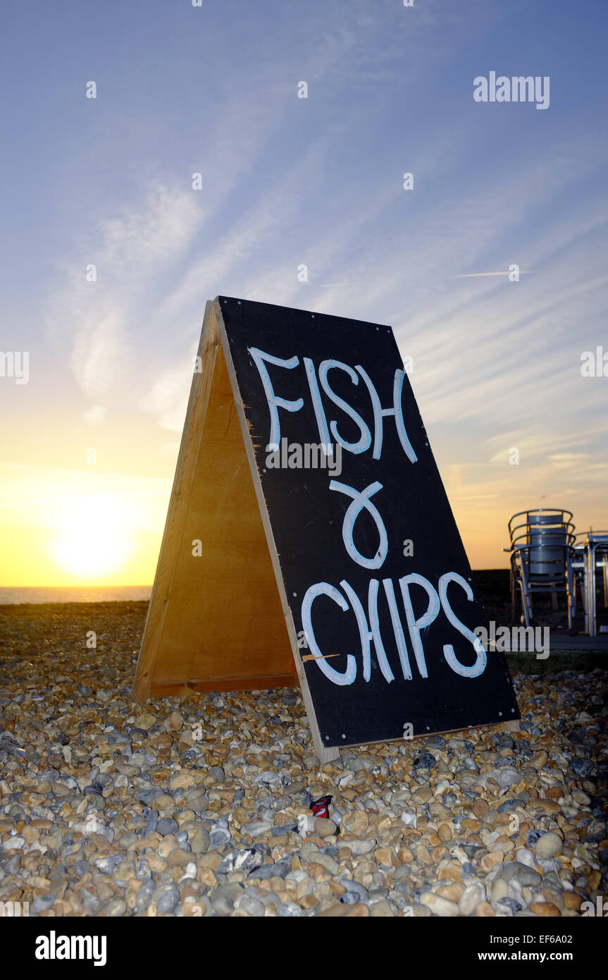 A Fish and Chips sandwich board on Brighton beach Stock Photo Alamy