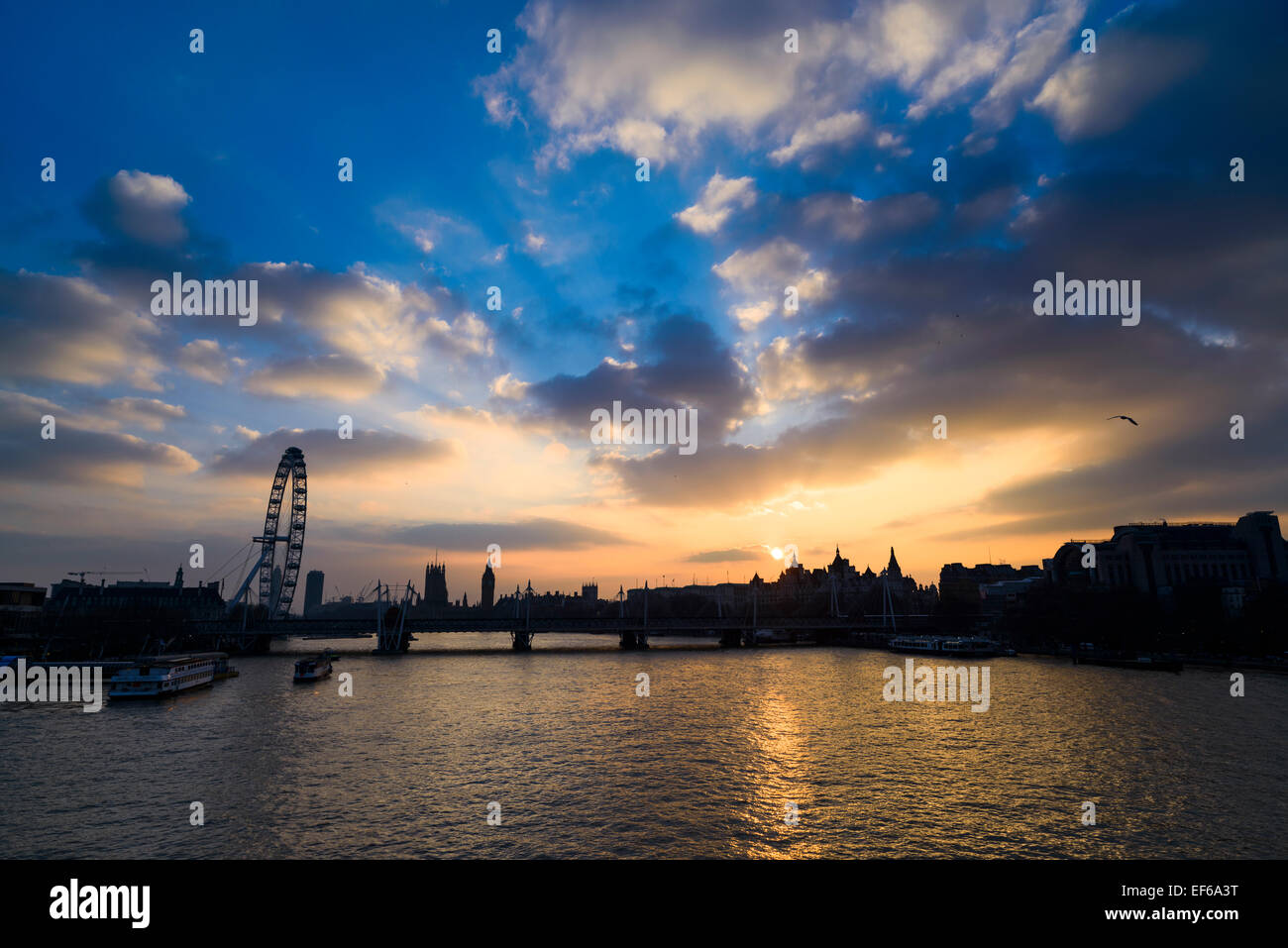 River Thames Sunset View from Waterloo Bridge, London, England, UK Stock Photo