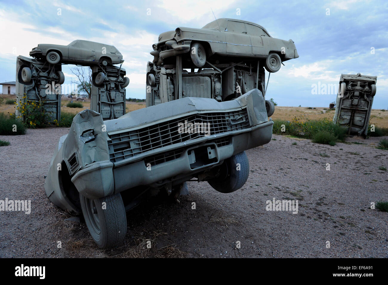 Carhenge Sculpture in Alliance, Nebraska ,USA is a replica of England's Stonehenge built from vintage American made automobiles. Stock Photo