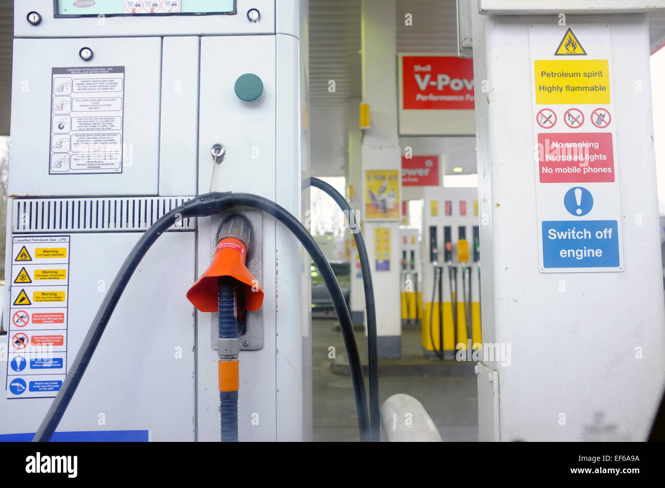 Petrol pumps at a petrol station in the UK. Stock Photo