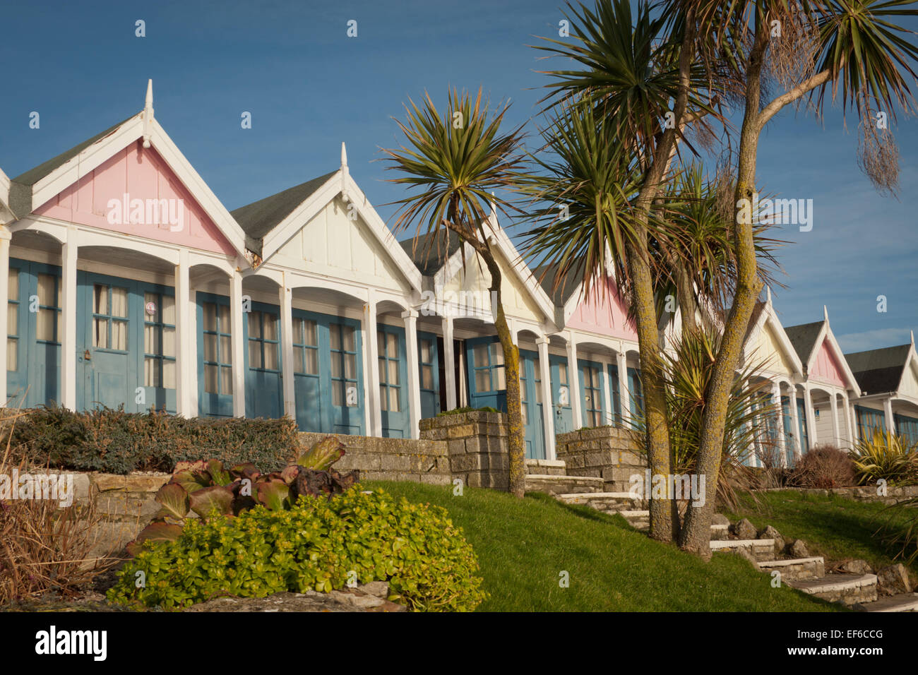Beach huts, Greenhill Gardens, Weymouth seafront, Dorset UK Stock Photo