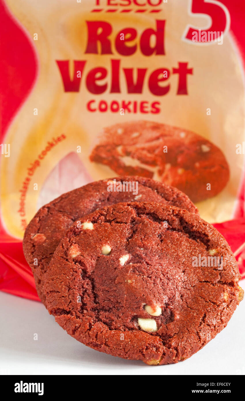 Pack of 5 Tesco Red Velvet cookies set on white background white