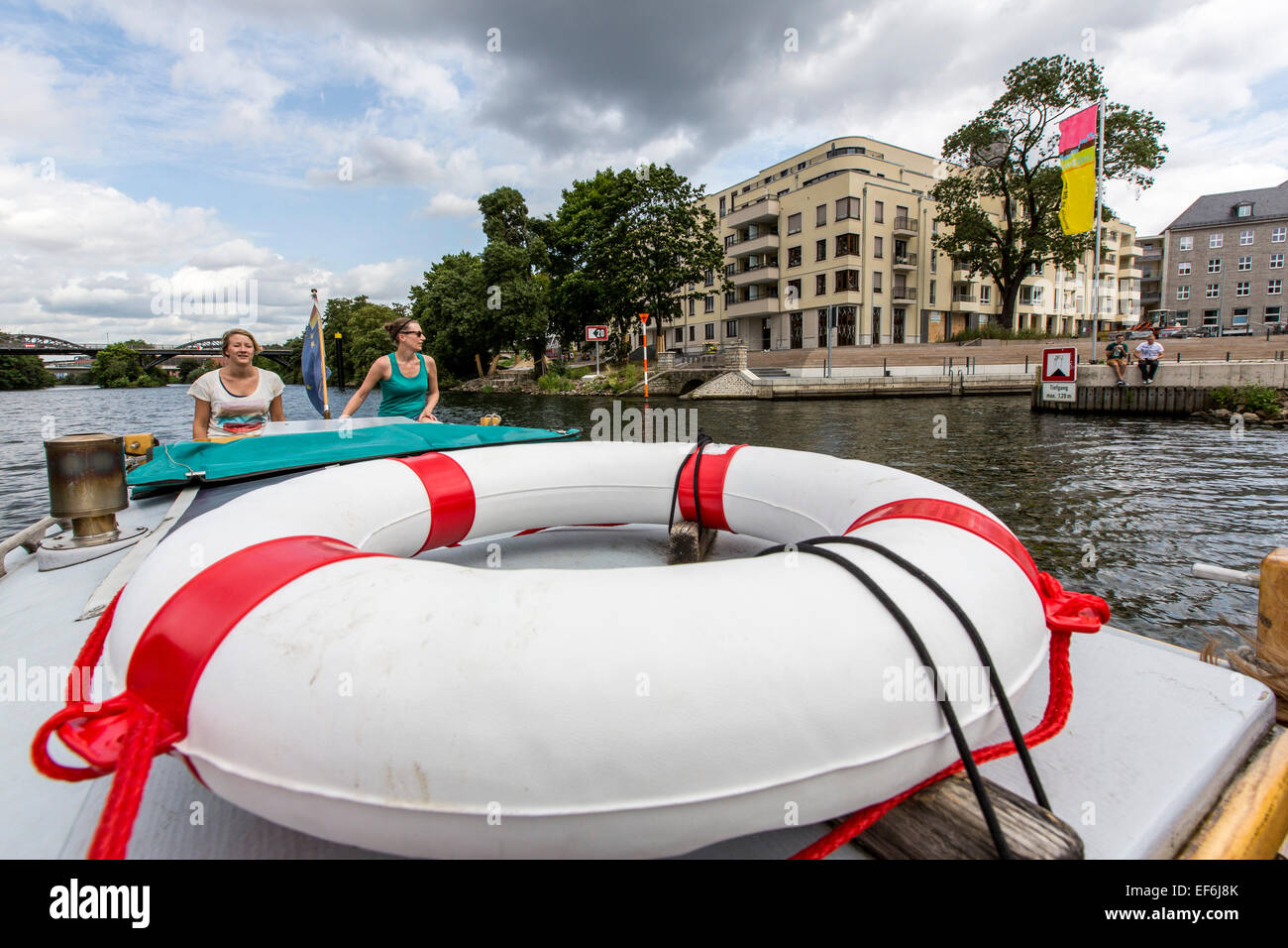 Pedal boat, houseboat 'Escargot', self driven boat with accommodation for 4 people on river Ruhr, Stock Photo