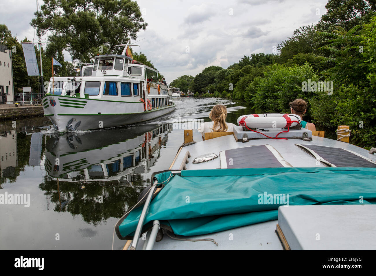 Pedal boat, houseboat 'Escargot', self driven boat with accommodation for 4 people on river Ruhr, Stock Photo