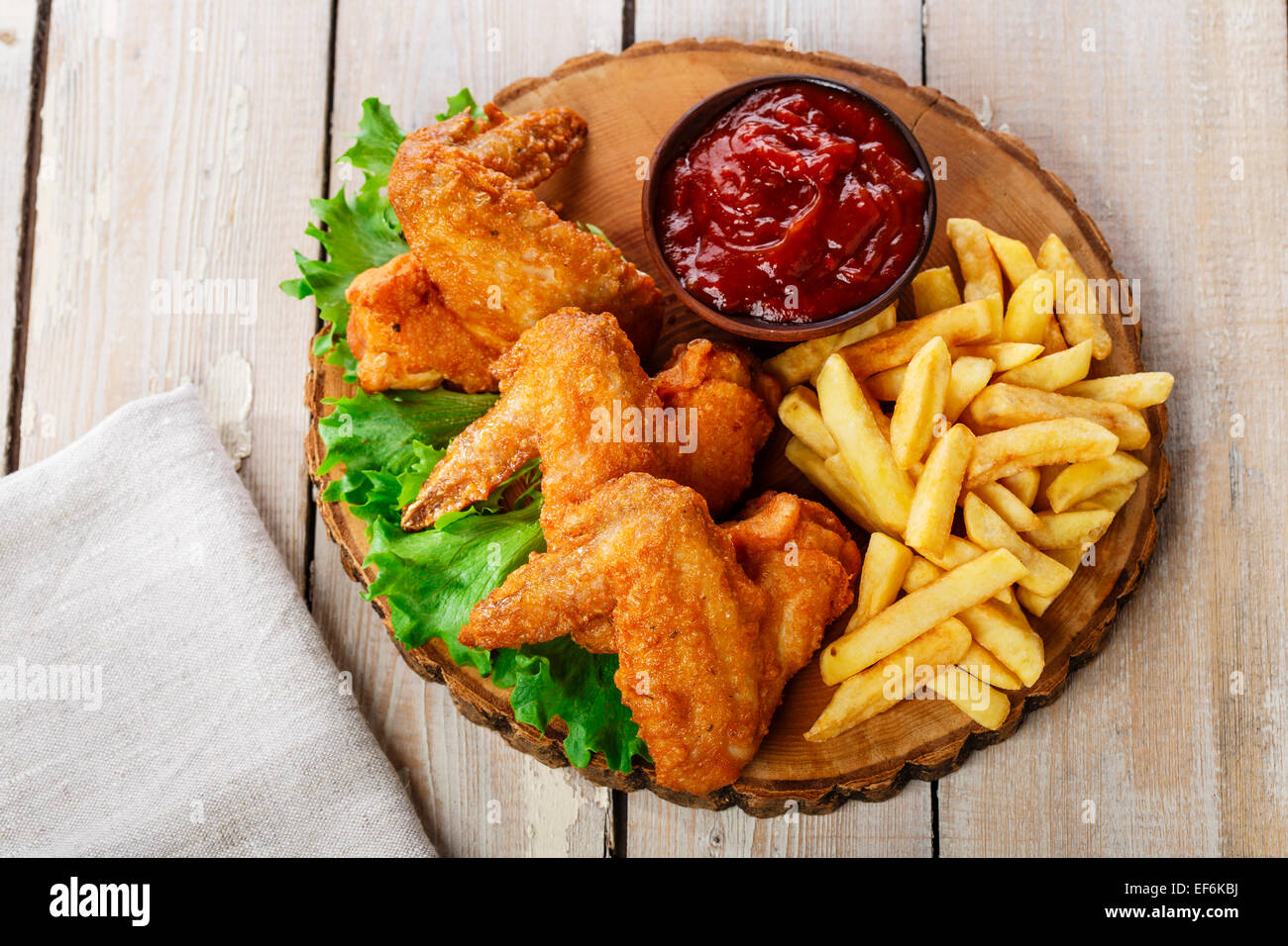 Fried chicken wings with sauce and French fries Stock Photo