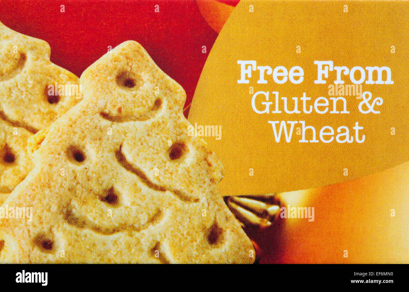 Free from gluten & wheat - detail on box of Prewett's Shortbread Christmas trees biscuits Stock Photo