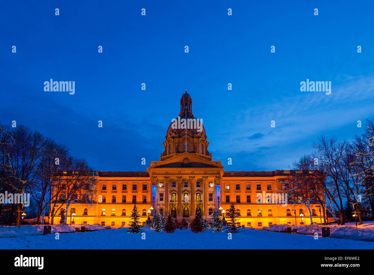 Alberta Legislature with Christmas tree and lights display, Edmonton