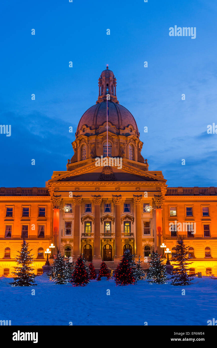 The Alberta Legislature with Christmas tree and lights display
