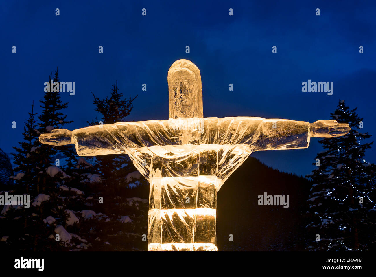 Ice carving of Christ the Redeemer, Ice Magic Festival, Lake Louise, Banff National Park, Alberta, Canada Stock Photo