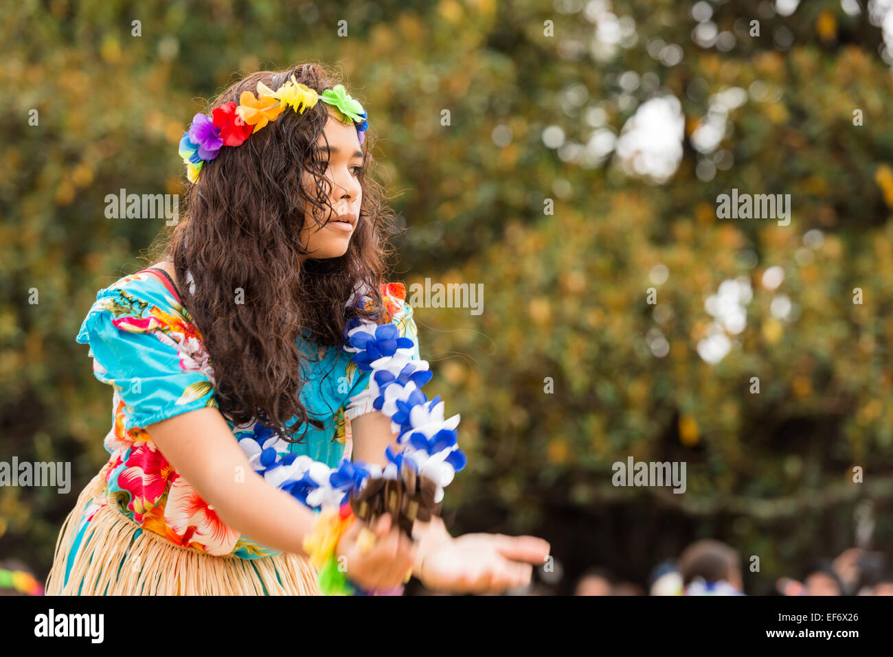Urban Zendath Kes, a Sydney based Torres Strait Islander dance group performing in the rain, Yabun Festival Australia Day 2015. Stock Photo