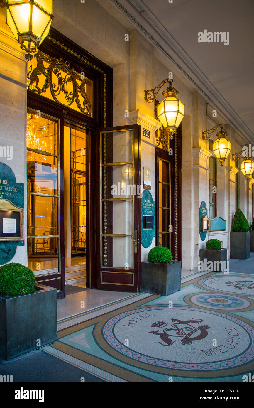 Evening at the entry to Hotel Le Meurice near Musee du Louvre, Paris, France Stock Photo