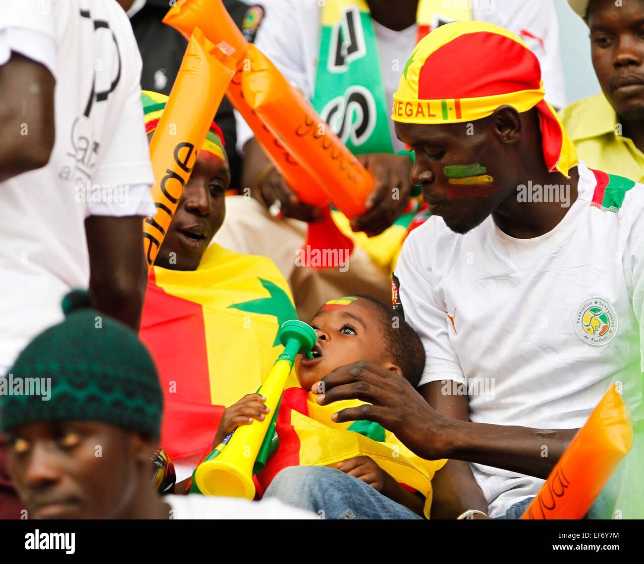 Malabo, Equatorial Guinea. 27th Jan, 2015. Football fans of Senegal are seen before the group match of Africa Cup of Nations between Senegal and Algeria at the Stadium of Malabo, Equatorial Guinea, Jan. 27, 2015. Credit:  Li Jing/Xinhua/Alamy Live News Stock Photo