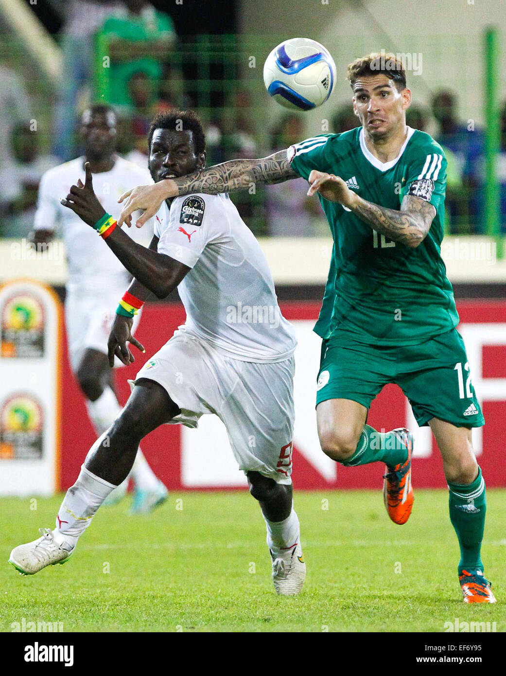 Malabo, Equatorial Guinea. 27th Jan, 2015. Carl Medjani of Algeria (R) competes during the group match of Africa Cup of Nations between Senegal and Algeria at the Stadium of Malabo, Equatorial Guinea, Jan. 27, 2015. Algeria won 2-0. Credit:  Li Jing/Xinhua/Alamy Live News Stock Photo