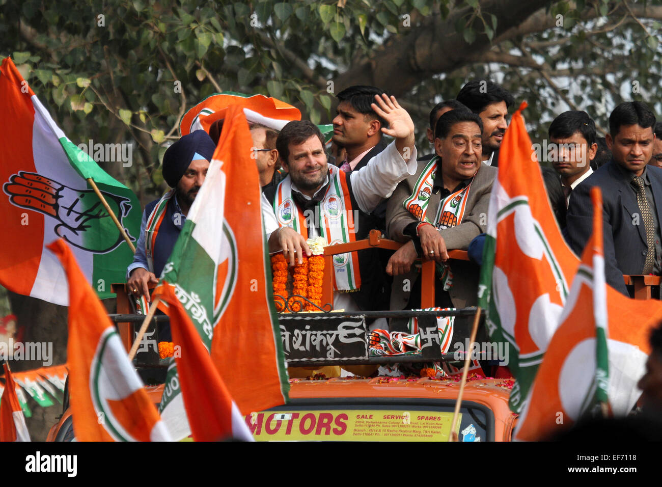 Indian National Congress Vice President Rahul Gandhi (center) along with other senior Congress leaders participate in road show at Kalkaji Transit Camp for the upcoming election in New Delhi on 7 February Indian National Congress Vice President Rahul Gandhi (center) along with other senior Congress leaders participate in road show at Kalkaji Transit Camp for the upcoming election in New Delhi on 7 February