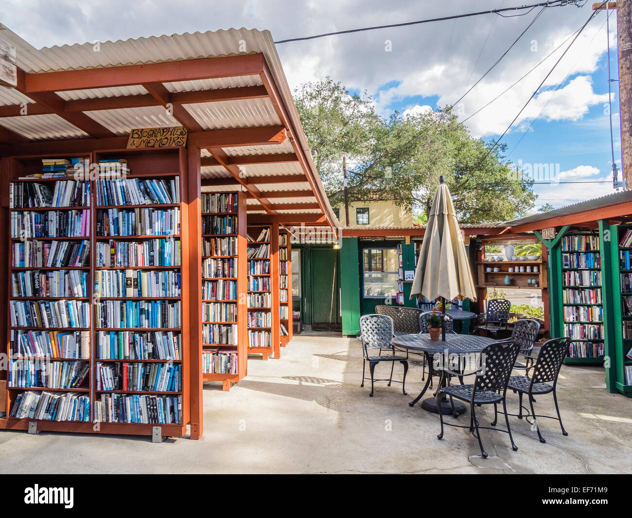 A view of the unusual outside bookshelves at Bart's Books, Ojai