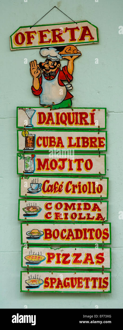 Menu card at a restaurant, Viñales, Pinar del Rio Province, Cuba Stock Photo