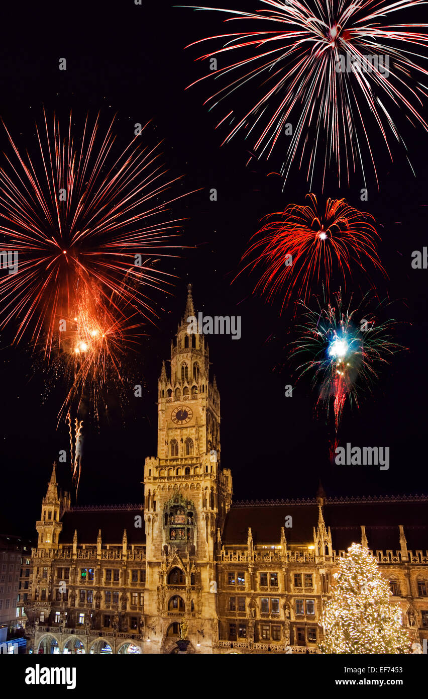 Munich City Hall, Marienplatz square, with New Year